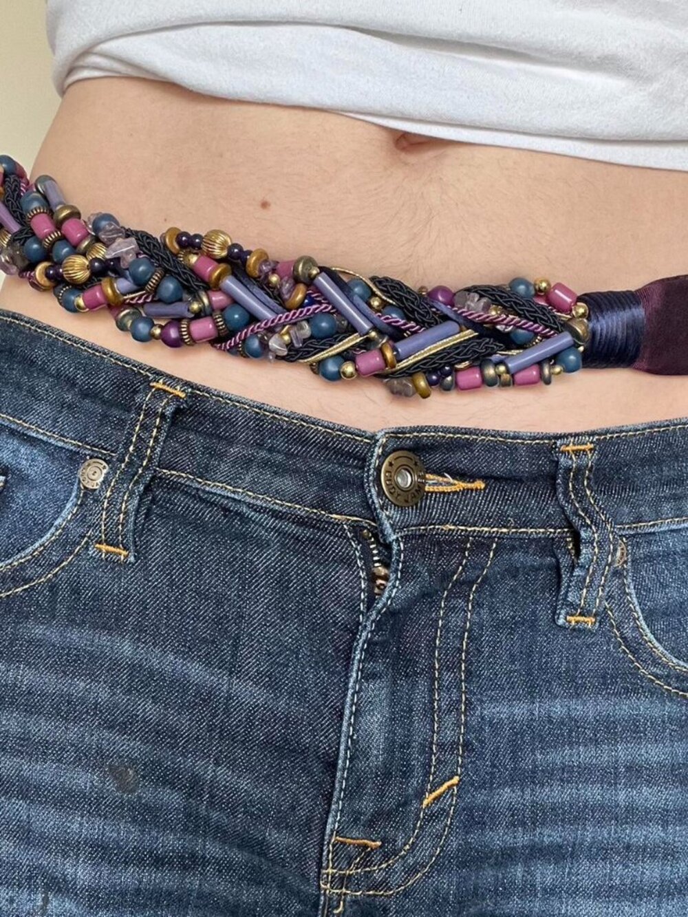 Vintage Carolyn Taylor Purple Beaded & Braided Belt Festival Boho Whimsical Chic
